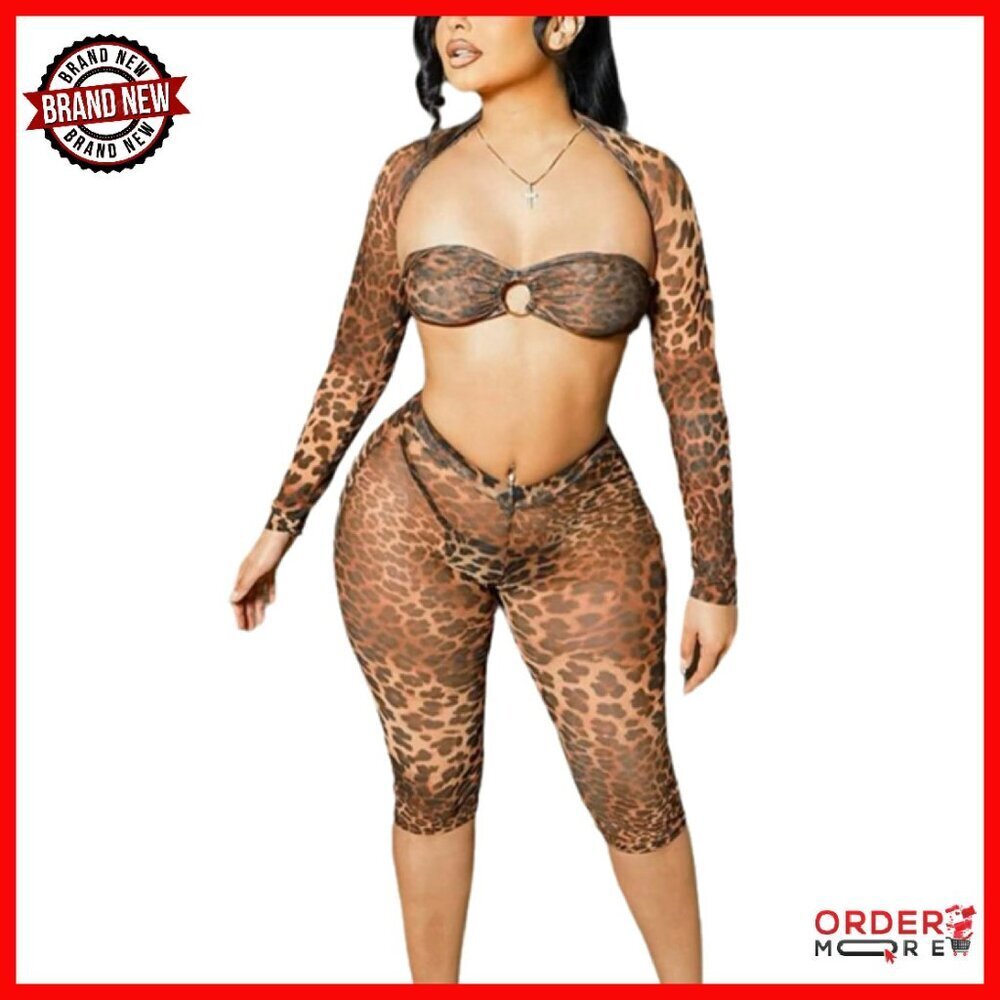 3-Piece Cheetah Print Set Stretchy Club Outfit Women's XS-L